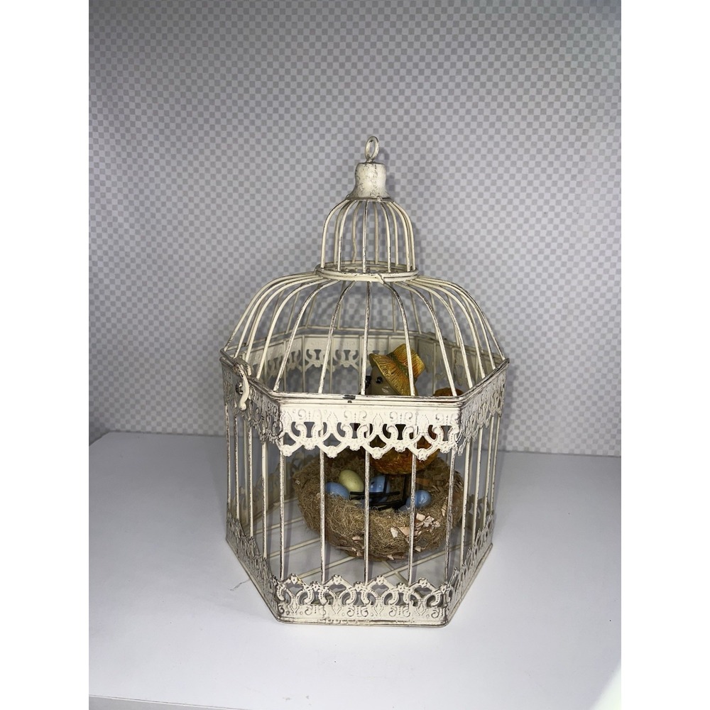 Bird Cage Vintage Cream Color Metal Shabby Chic Cottage Hinge Clasp Lift Top
